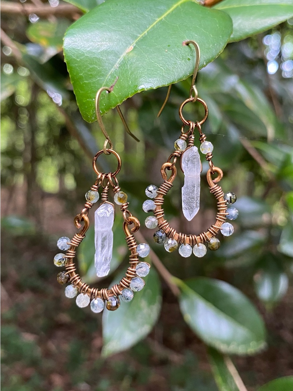 Prehnite and Quartz Hoop Earrings